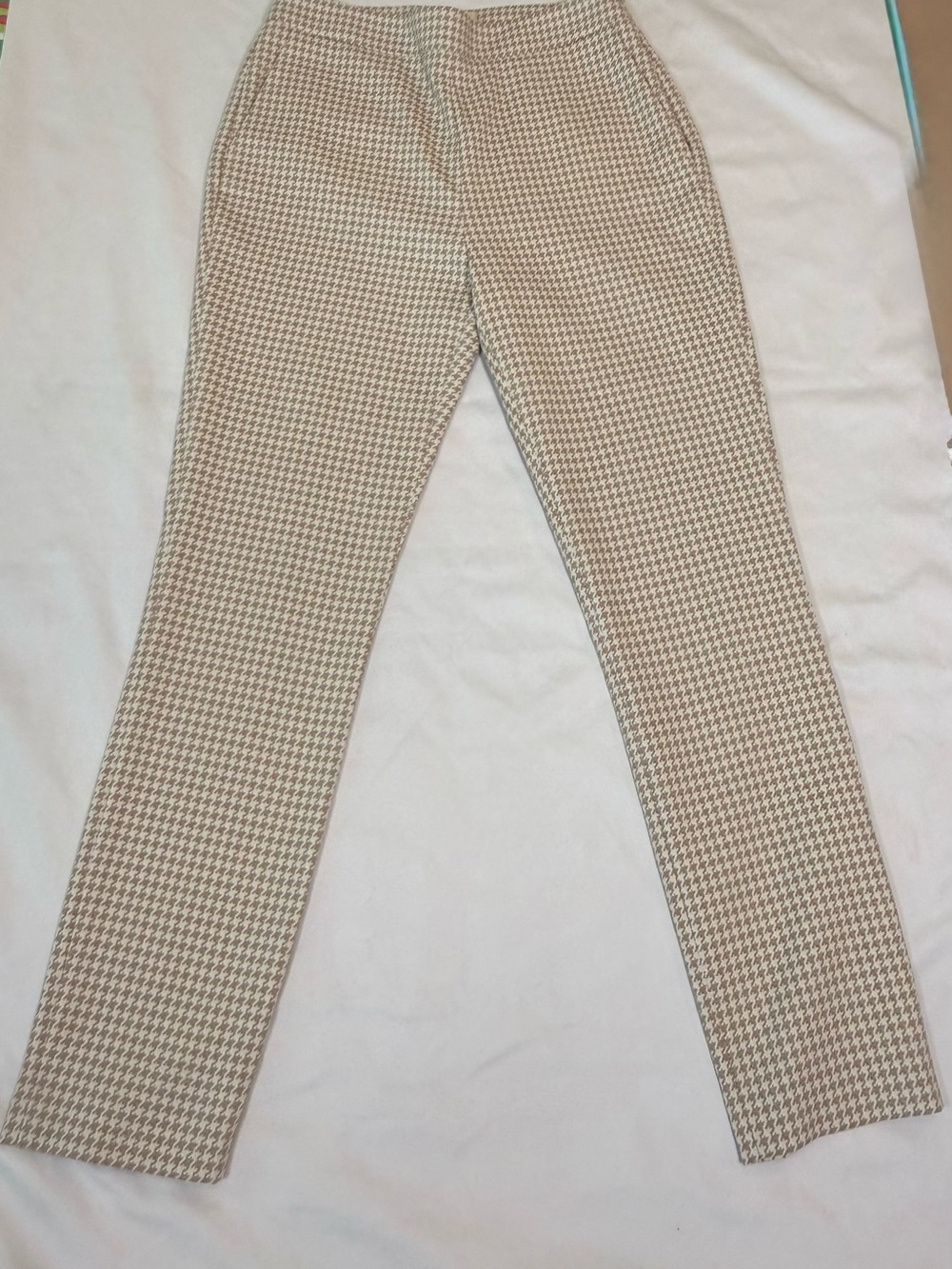 Sezane Clara Houndstooth Trousers, Camel and Ecru, Size 38.